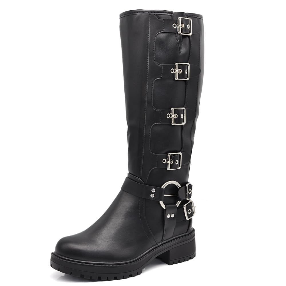 IF Fashion Chaussures Femmes Bottes Au Mollet Biker Motard Avec Multi Boucles Amphibiens RQ63 noir