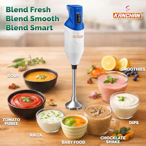 Image of Kanchan Majesty Hand Blender 180W Copper Motor | 3 Stainless Steel Blades for Blending, Whisking & Beating | 2-Speed Control | Low Noise Electric Hand Blender for Kitchen | 2 Year Warranty