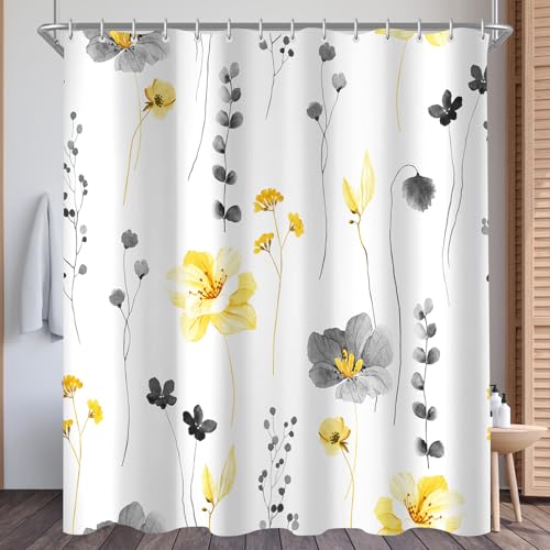 Lerores Rideau de douche 180 x 160 cm, motif fleurs jaunes et grises, ourlet lesté, anti-moisissure, imperméable, lavable, en polyester, avec 12 œillets et...