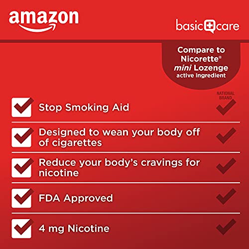 Image of Amazon Basic Care Mini Nicotine Polacrilex Lozenge, 4 mg, Cherry Ice Flavor, Stop Smoking Aid, Reduces Withdrawal Symptoms, Reduces Cravings, 135 Count