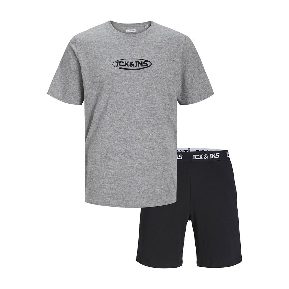 JACK & JONES Jacoliver SS Tee and Shorts Set, Light Grey Melange/Pack:Black Shorts, S
