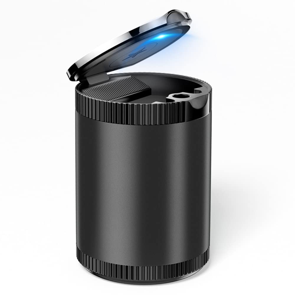 LYCXAMES Auto Aschenbecher, Edelstahl Aschenbecher mit Deckel, Tragbarer Fahrzeug Rauchfreien Aschenbecher Zigarette mit LED Beleuchtet für Autos Vans Outdoor Camping, Schwarz