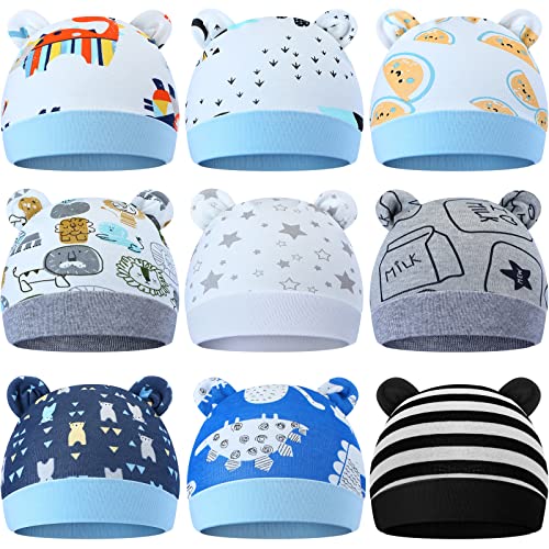 Image of Geyoga 9 Pieces Newborn Baby Hat Bear Ears Infant Caps Baby Boy Girl Toddler Hats Beanie Caps, 2 Ears
