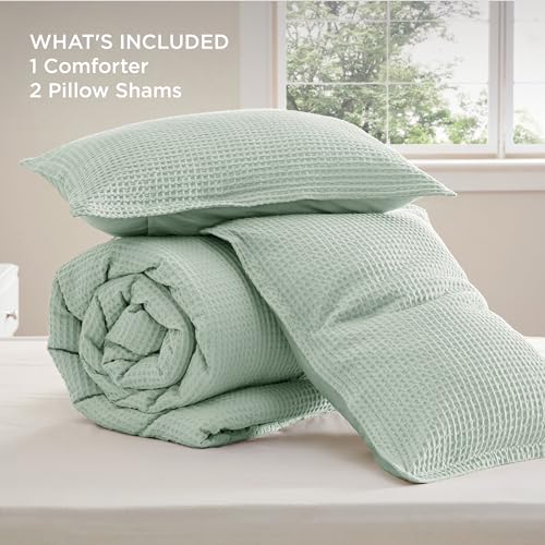 Image of Bedsure Waffle Comforter Set King, Sage Green Soft Bedding, Waffle Weave Bed Set, 3 Pieces, 1 Comforter (104 inchx90 inch) and 2 Pillow Shams, Cotton Shell and Polyester Lining for All Seasons
