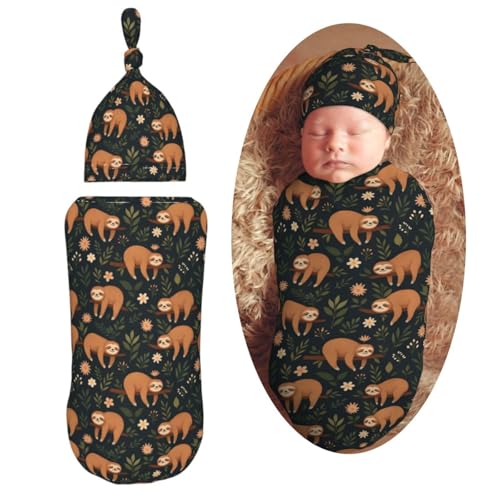 Image of Muishi Funny Cute Sloth On Tree Branch Newborn Swaddle Blankets Hat Sets Soft Baby Receiving Blanket Swaddle Sack for Baby Shower Infant Boy Girl Gift