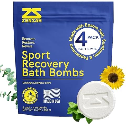 Zensah Sport Recovery Bath Bombs - Magnesium Epsom Salt for Soaking, Sore Muscle, Pain Relief, Relaxation for Athletes, Men and Women (4 Count, Eucalyptus) Cover