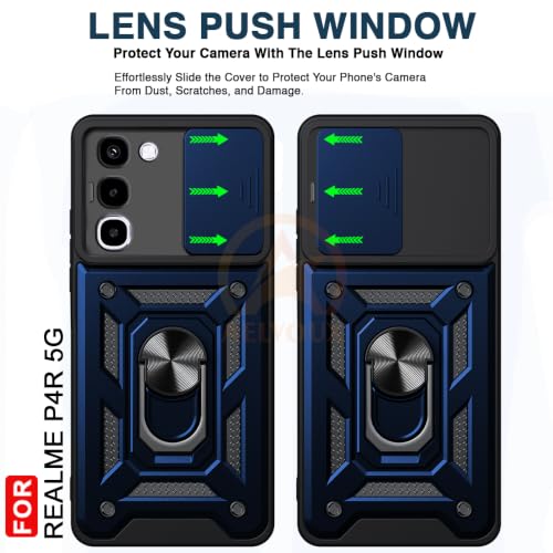 Image of Armor Bumper Back Cover Case for Realme P4R 5G Rotating Camera Cover, Ring Holder & Kickstand | Heavy Duty & 360 Degree Protection Realme P4R 5G Back Cover (Blue)