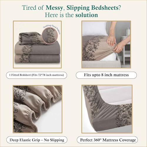 Image of Dream Weaverz- Polycotton Printed Double Bed Size Fitted Elastic Bedsheet,2 Pillow Cover,260 Thread (72 inch x 78 inchx7 inch) Home, Bedroom (Brown Beige, King)