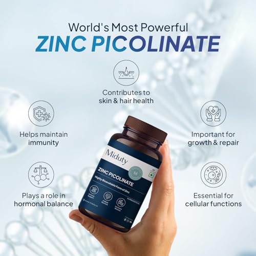 Image of Miduty Zinc Picolinate 50 mg - High-Absorption Chelated Zinc Supplement - Immune Support, Skin & Hair Health - Supports overall wellness, Muscle Strength & Metabolism- For Men & Women - 60 Capsules