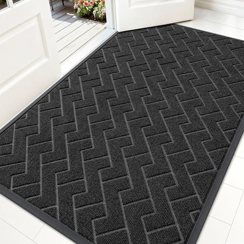 Image of OLANLY Front Door Mat Indoor Outdoor Entrance, Waterproof All-Season, All-Weather Doormat, Sturdy Natural Rubber, Low Profile, Easy Clean Patio Porch Entryway Mat, Herringbone Brick (Black, 59x34)