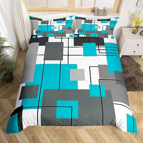 Homewish Geometric Square Duvet Cover Double Teal Grey Bedding Set Black Gray Turquoise Comforter Cover for Kids Teen Adults Modern Abstract Lines Bed Set Rustic Farmhouse Room Decor 2 Pillow Cases