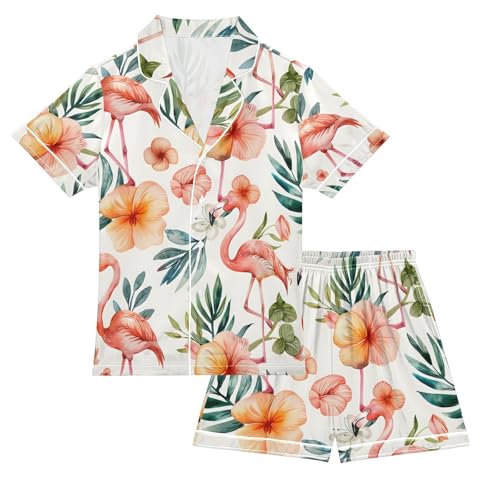 ALAZA Watercolor Flamingo Bird Palm Leaf Blossom Pajamas Satin Pajama Set Short Sleeve Button Down Sleepwear