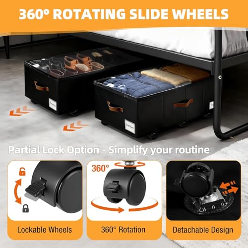 Image of Under Bed Storage with Wheels,Underbed Storage with Sturdy Sidewalls /Bottom, Clear Cover, Label and PU Handle, Rolling Under Bed Drawers for Clothes, Shoes, 11 Inch Height,Black, 4 Pack