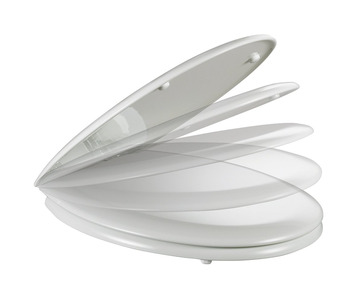 White Moulded Wood Toilet seat with Slow Close Hinge in Chrome Finish