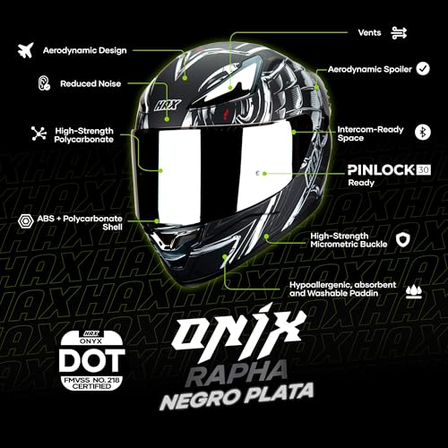 Image of HAX Onix Full Face Motorcycle Helmets DOT Approved, Pinlock Ready & Intercom Slot , Motorbike Powersports Street Racing for Men Women(Pharaoh Matte Blk-SLV, S)
