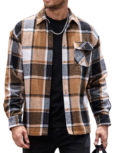 Mens Flannel Shirts Jackets Casual Shackets Button Down Long Sleeve Plaid Shirt Lightweight Jackets with Pockets