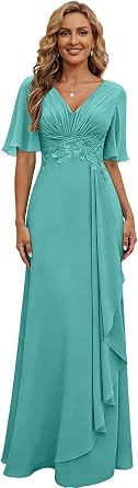 Chiffon Mother of Bride Dresses for Women Long Formal Evening Dress with Sleeves