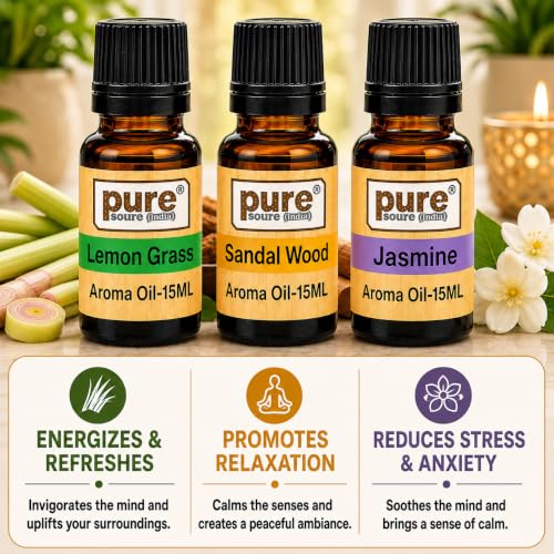 Image of Pure Source India Essential Oil (Lavender, Lemongrass, Rose, Jasmine, Sandalwood and Mogra), 15ml Each, Set of 6