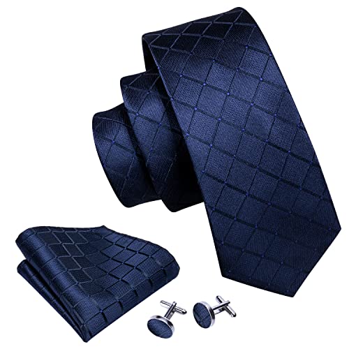 Image of Barry.Wang Plaid Ties Check Mens Necktie Set with Handkerchief Cufflinks Classic Stripe