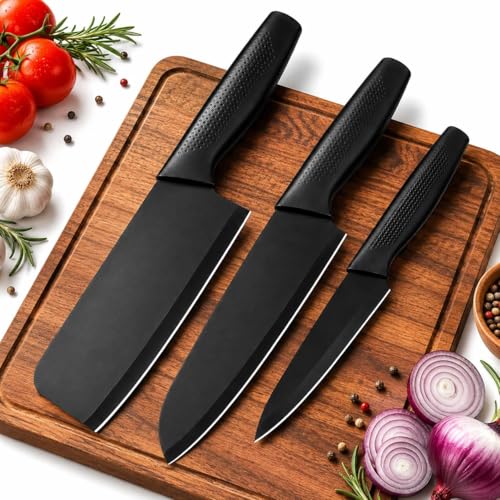 Image of 3-Piece Kitchen Knife Set, High Carbon Stainless Steel, Non-Slip Handle, with Blade Cover, for Professional Use