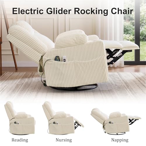 Image of Korser Power Swivel Rocker Recliner with Dual Motor Adjustable Headrest for Adults, Oversized 24 inch Wide Seat Glider Rocking Chair with Massage & Heat, Corduroy Electric Recliner with USB&Type-C, Beige