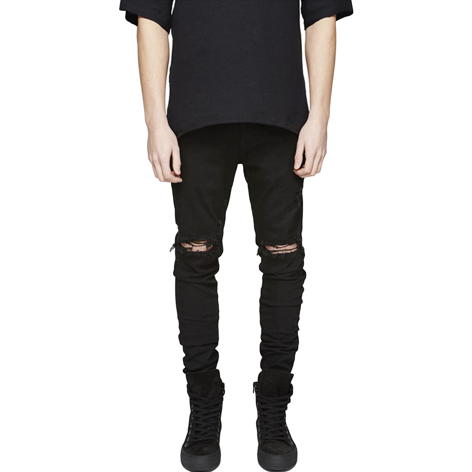 Maiyifu-GJ Men's Distressed Knee Holes Jeans Stretchy Destroyed Skinny Slim Fit Denim Pants Ripped Washed Tapered Leg Jean (Black 1,31)