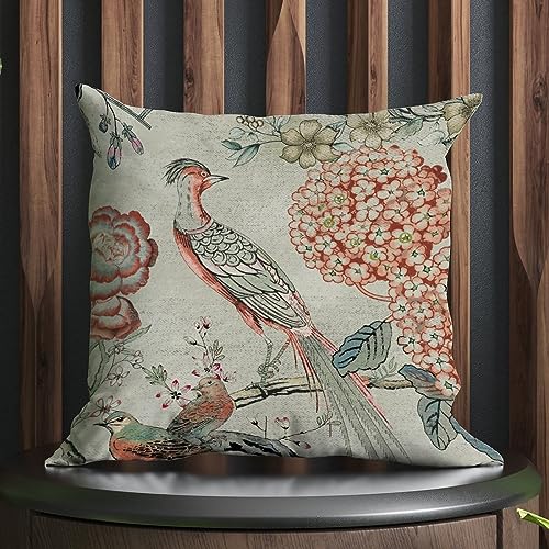 COVOME Coral Chinoiserie Bird Outdoor Pillowcase Peacock Hydrangea Floral Throw Pillow Cover Accent Waterproof Throw Pillow Covers for Patio Furniture Garden 16x16 in