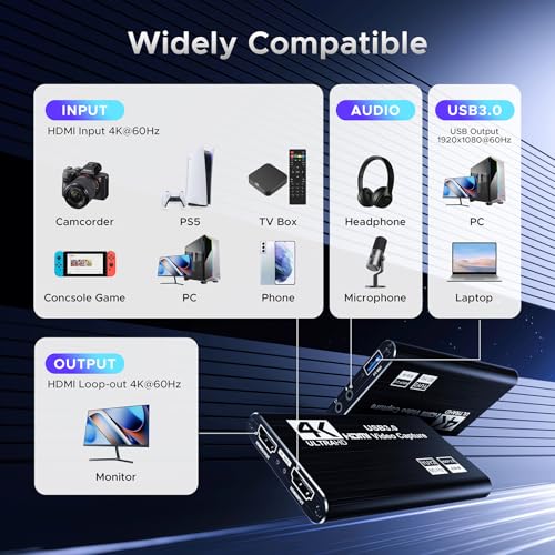 XIIXMASK Video Capture Card - USB 3.0 4K HDMI Loop-Out, 1080P 60FPS/2K 30FPS Game Capture for PS5/Switch/PC/OBS (Black) - Image 2