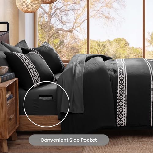 Image of MaiReve Embroidery Queen Comforter Set 7 Pieces Black Bed in a Bag