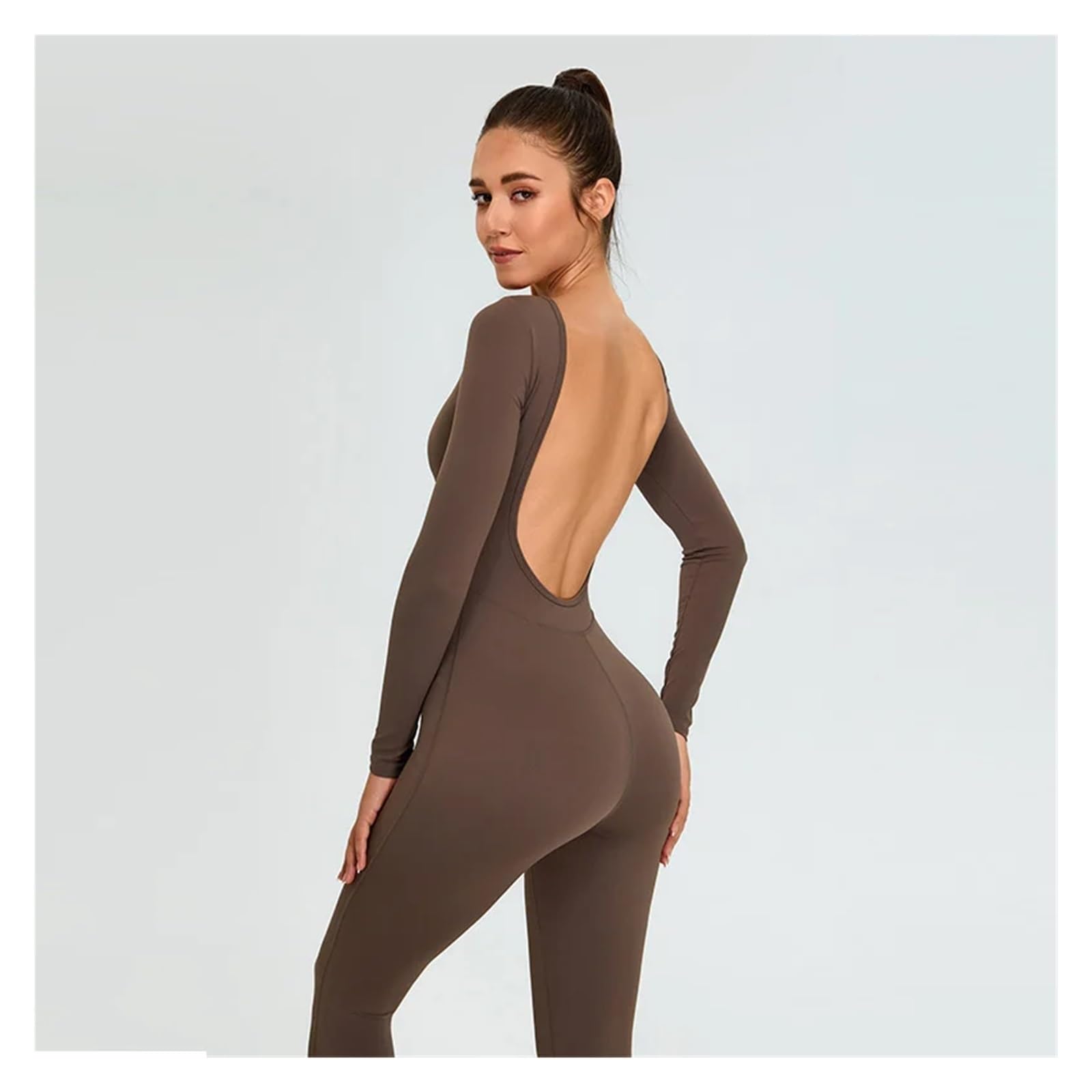 Mono de yoga sin espalda Mono de yoga una pieza con mangas largas y forma U, leggings sexys espalda abierta, ropa entrenamiento for mujer, fitness Para Entrenamiento