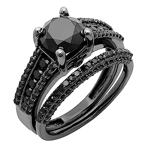 Dazzlingrock Collection Round Black Diamond Engagement Ring Band Set for Women (3.2 ctw, Color Black, Clarity Opaque) in Black Plated Sterling Silver