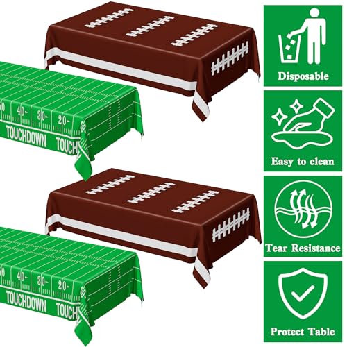 Image of QZYL Football Party Supplies, Disposable Football Tablecloth, 4 PCS Table Cloth with 2 Styles, Touchdown Theme Tablecloths, Plastic Table Runner for Game Day Party Decorations