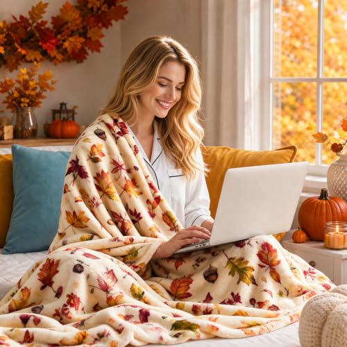 Manta de lanzamiento de otoño MixYoke con hojas de calabaza y franela a cuadros para sofá cama miniatura 4