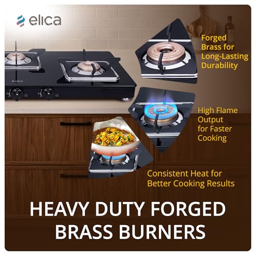 Image of Elica Slimmest 3 Burner Gas Stove with Toughened Glass Top | Ultra Slim Frame | Forged Brass Burners | 7 Year Warranty on Glass & 5 Year Warranty on Burners | 773 CT VETRO (Slim Line SPF) | Black