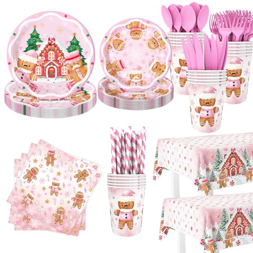 AIBIIN 194 Pcs Christmas Party Supplies Decorations Pink Gingerbread Party Decorations Gingerbread House Cookie Christmas Disposable Tableware Set with Plates Napkins and Tablecloth Serves 24 Guests