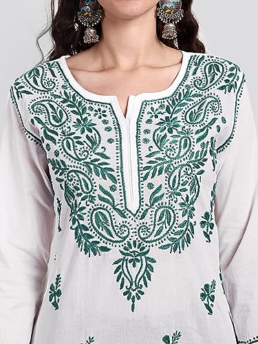 Image of Seva Chikan Hand Embroidered Lucknowi Chikankari Regular Straight Cotton Kurta Kurti for Women SCL4243