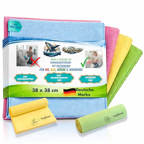 Walfinus Mikrofasertücher Set 4er mit Piktogramm Hygiene-Set Farbsystem gegen Kreuzkontamination und Keimverschleppung 280 GSM Perlfrottee 38x38 cm WC Rot, Bad Gelb, Küche Grün, Wohnung Blau