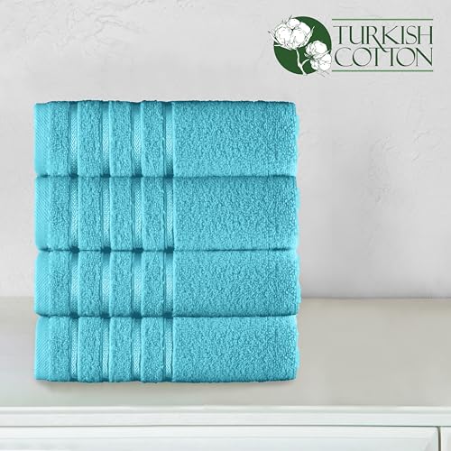 Image of Elegant Comfort 100% Turkish Cotton 4 Lines Viscose Stripe Luxury 4 Pack Hand Towel Set - Ultra Absorbent and Soft 16 x 28 Inch Premium Hotel Spa Quality Towels for Everyday Bath Use, Aqua