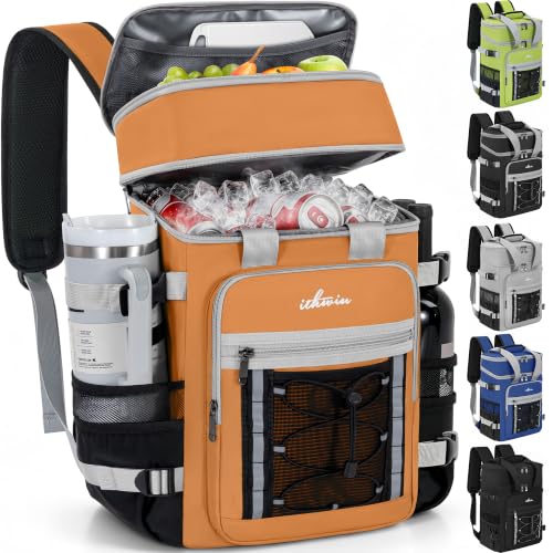 Image of Cooler Backpack Insulated Cooler Bag for Men & Women | 40 Cans Insulated Picnic Backpack with 2 Leak Proof Compartments for Picnic, BBQ Camping, Beach, Hiking, Orange