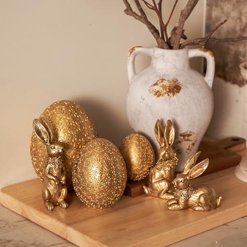 DN DECONATION 6-teilige Osterdeko Set mit 3 Hasen und 3 Goldenen Steck-Ostereiern, Kleine Goldene Osterhasen Figuren für Frühlings Tischdeko, Blumen Relief Vintage Deko aus Harz