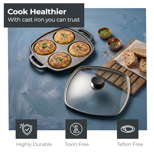 Image of Lifelong Cast Iron Multi Snack Pan with Glass Lid | Pre-Seasoned Naturally Non-Stick Cookware | 4-Pit Snack Pan for Uttapam, Appe, Eggs, Idli, & Pancakes | Durable & Toxin-Free | 3cm Deep, 33cm Wide