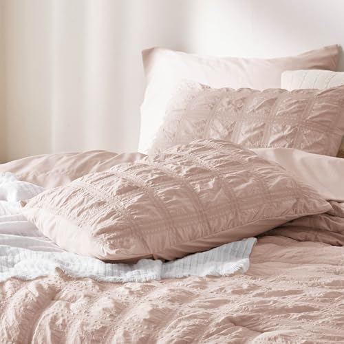 Bedsure Bed in a Bag Twin - 5 Pieces Plaid Seersucker Bedding Comforter Sets, Soft Lightweight Rose Dust Boho Bed Set with Comforters Twin Size, Sheets, Pillowcase & Sham