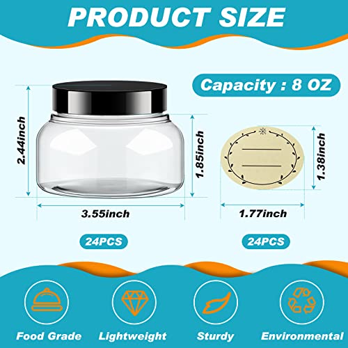 Tessco 24 Pack Plastic Jars with Lids Labels Empty Clear Plastic Jars Round Refillable Cosmetic Containers Body Butter Containers Bulk Sugar Scrub Bottle for Make Up (8 oz,Clear, Black)2