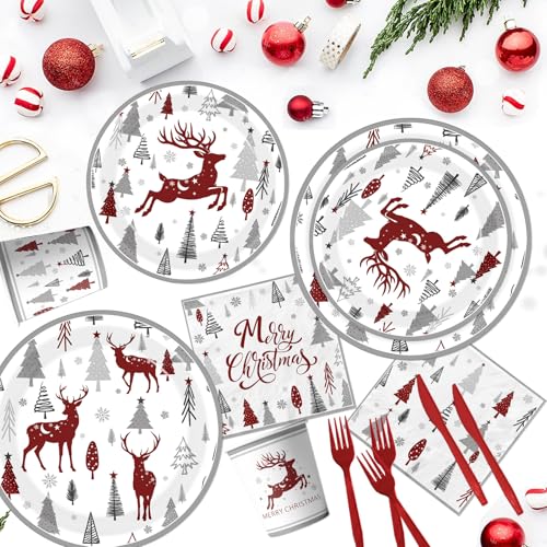 Christmas Paper Plates and Napkins,144pcs Christmas Tree Reindeer Christ mas Plates Disposable Party Set for Winter Xmas Holiday,Serves 24 – Image 6