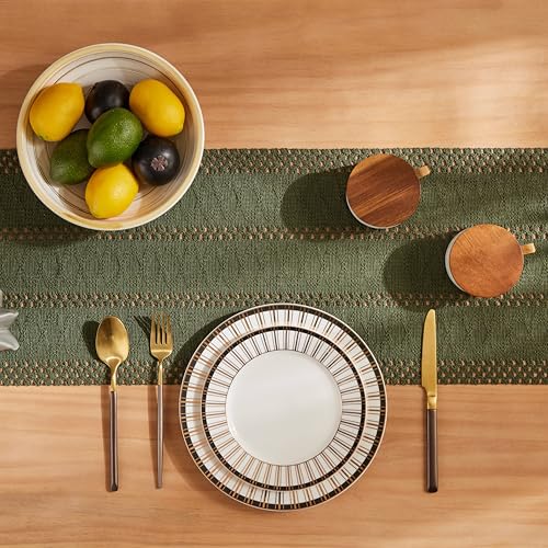 Image of ZeeMart Macrame Style Boho Table Runner, 12x108 Inch Olive | Woven Boho Table Runner with Handmade Tassels, Crochet Hollow Table Scarf, Farmhouse Kitchen Home Decor Dresser Runner