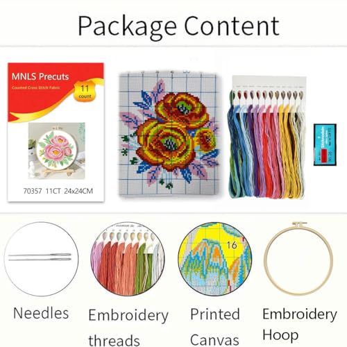 Image of Zhenqing Pink Peony Cross Stitch Kit for Beginners - Complete Set with Pre-Printed 11CT 24x24cm Fabric, Hoop & Threads(70357)