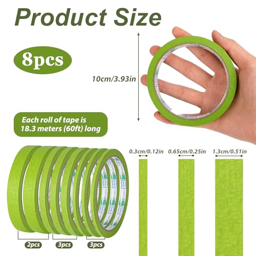 Image of 8Rolls Fine Line Tape Thin Painters Tape Total 160yards Pinstripe Masking Tapes 1 /8, 1 /4, 1 /2 inch Width Art TapeSmart Selection Painter Adhesive Automotive for DIY Car Auto Paint (Green, Mixed Sizes)