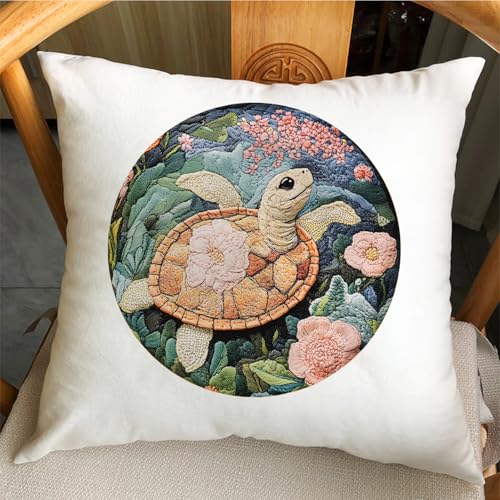 Image of FONNUY Sea Turtle Floral Embroidery Kit, Cross Stitch Kits for Beginners, Handmade Crafts with Printed Patterns for Adults, Easy to Follow Color Thread Needlework, 8'' Hoop (Dancing Turtle)