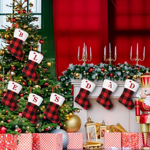 Meia de Natal com monograma inicial de 20,32 cm, meia de Natal xadrez de búfalo vermelho com letra b