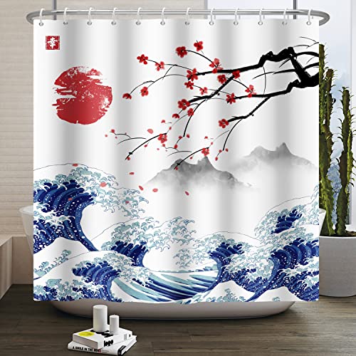 SDOTPMT 180x180cm Japanese Mount Fuji Shower Curtain Cherry Blossom Sunset Asian Ink Painting Bath Curtain Wave Landscape Painting Bathtub Curtain for Bathroom Decor Fabric Waterproof with Hooks - Image 3